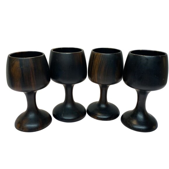 Vintage Set of 4 Dark Wooden Stemmed Wine Goblets Hand turned Mid-Century Modern - Picture 1 of 16